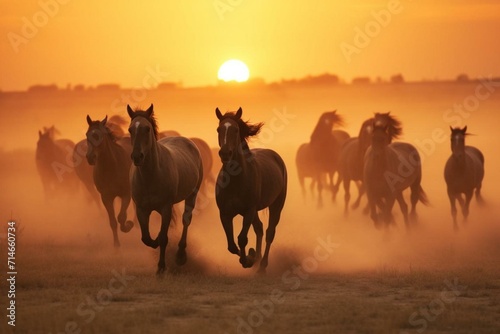 A group of untamed horses run across an open grassland, stirring up dust, beneath a setting sun. Generative AI