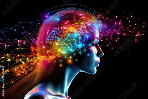 Colorful Brain Neuron synapses, neurotransmitters in cortex, neuroplasticity plasticity, cognitive functions contributing consciousness, intelligence, gray matter, hippocampus prefrontal cortex mind