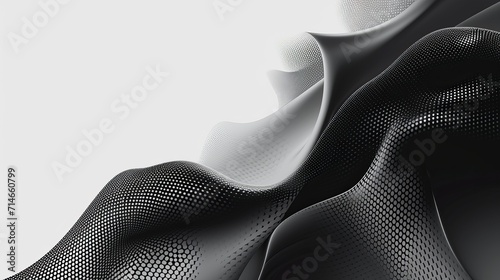 abstract banner featuring a fluid, liquid shape in a classic black and white theme, intertwined with a modern twist of gradient color dots suggesting advanced technology. 