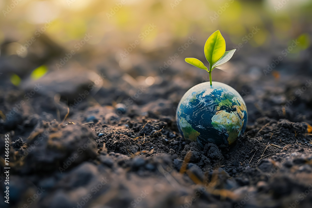Global Earth On Soil In Forest With Ferns And Sun Shine Global Earth On Soil In Forest With Ferns And Sun Shine