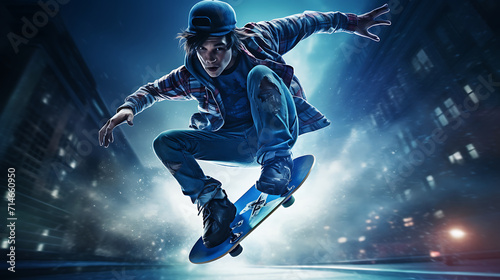 An image of a blue skateboarder performing tricks in a skate park.