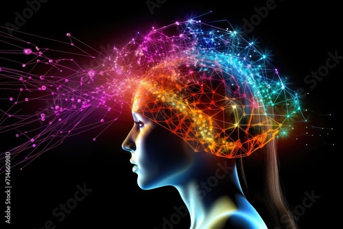 Colorful Brain Neuron synapses, neurotransmitters in cortex, neuroplasticity plasticity, cognitive functions contributing consciousness, intelligence, gray matter, hippocampus prefrontal cortex mind © Leo