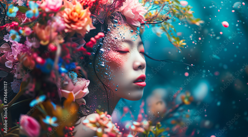 Young Woman with Artistic Makeup and Flowers, Glamour Fashion Set, Flourishing, Natural Organic Beauty. Wellness, Mindfulness, Sensuality. Connection to the Environment, Sustainability, Balance. Young Woman with Artistic Makeup and Flowers, Glamour Fashion Set, Flourishing, Natural Organic Beauty. Wellness, Mindfulness, Sensuality. Connection to the Environment, Sustainability, Balance.
