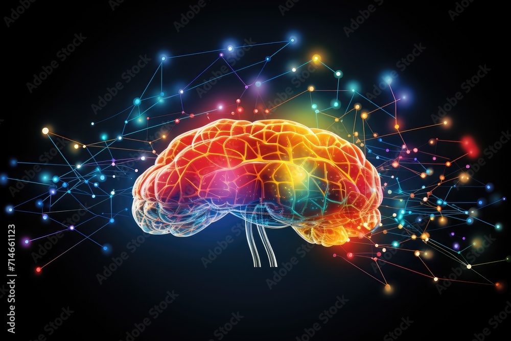 Colourful human brain cognitive Power, 3D Rendered illustrative ai artwork, thoughtful motley brain plasticity and brain waves in color dust, thoughtful neural circuit at brain training and learning Colourful human brain cognitive Power, 3D Rendered illustrative ai artwork, thoughtful motley brain plasticity and brain waves in color dust, thoughtful neural circuit at brain training and learning