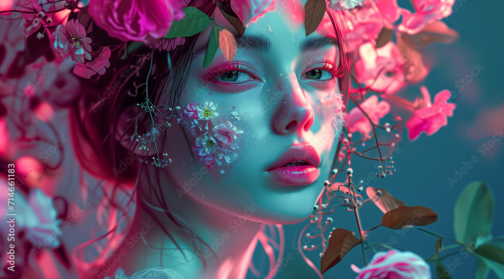 Young Woman with Artistic Makeup and Flowers, Glamour Fashion Set, Flourishing, Natural Organic Beauty. Wellness, Mindfulness, Sensuality. Connection to the Environment, Sustainability, Balance. 