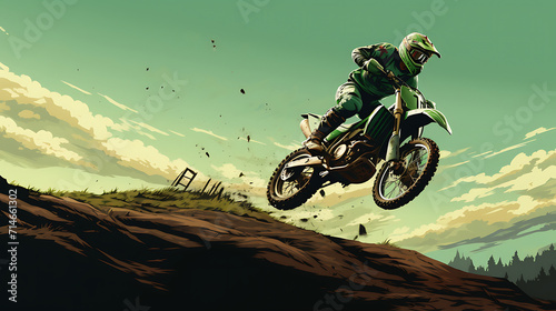 An image of a green dirt bike jumping over a hill.