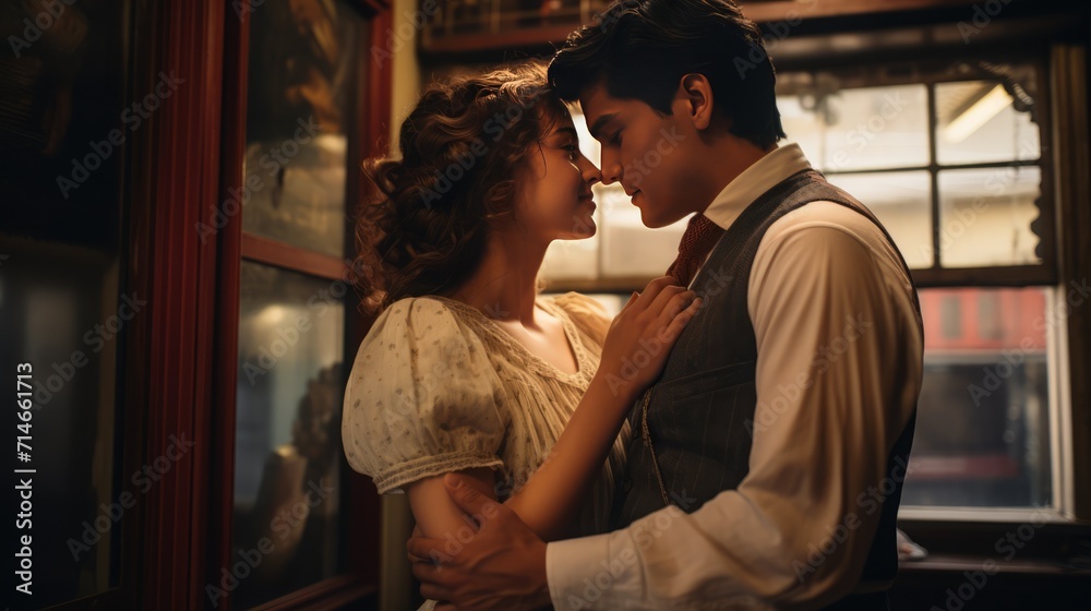 
Nostalgic scenes with a vintage touch, featuring couples in classic attire and settings, reminiscent of timeless love stories