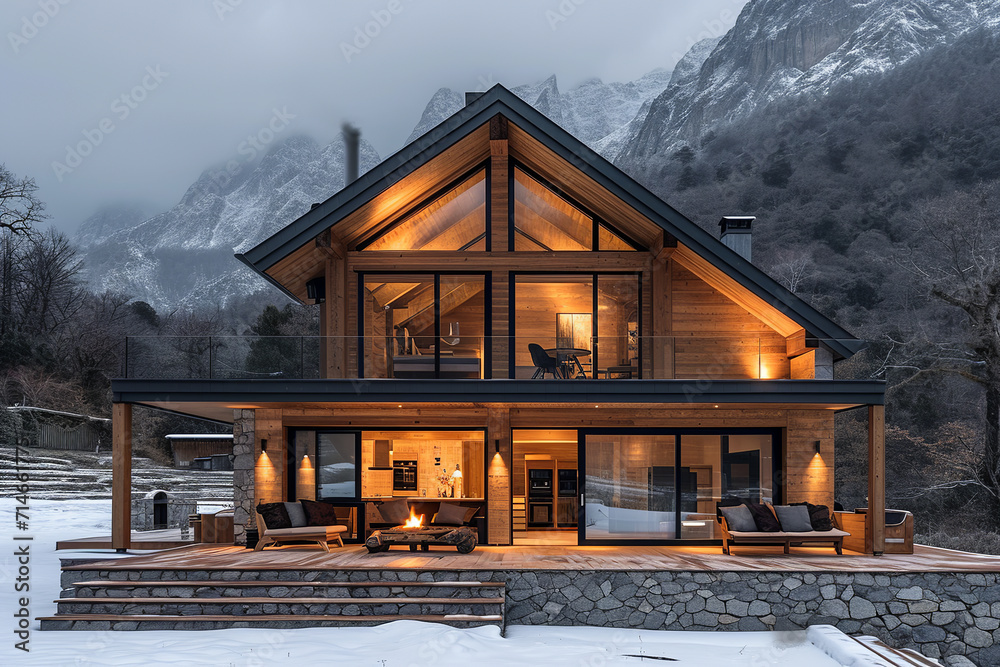 Large modern cottage chalet with large windows, landscape design, trees, natural stone, winter mountain background