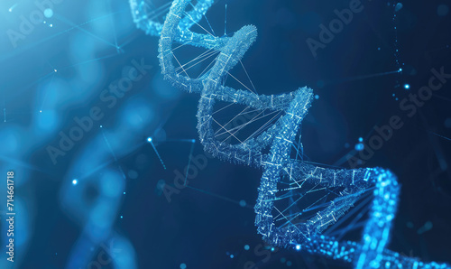 dna. abstract 3d polygonal wireframe dna molecule helix spiral on blue. medical science, genetic biotechnology, chemistry biology, gene cell concept photo