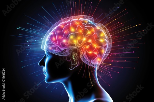 Colourful human brain cognitive Power  3D Rendered illustrative ai artwork  thoughtful motley brain plasticity and brain waves in color dust  thoughtful neural circuit at brain training and learning