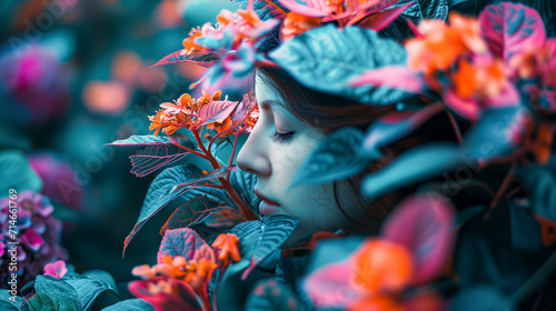 Young Woman with Artistic Makeup and Flowers, Glamour Fashion Set, Flourishing, Natural Organic Beauty. Wellness, Mindfulness, Sensuality. Connection to the Environment, Sustainability, Balance. 
