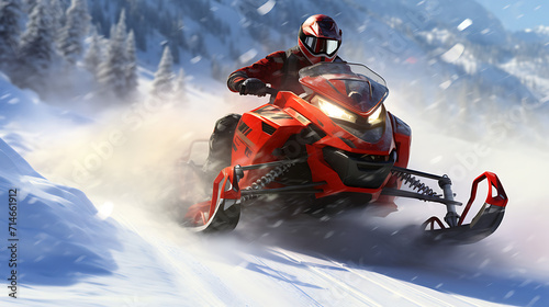An image of a red snowmobile racing on a snowy trail. © Muhammad