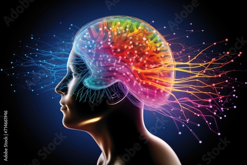 Colourful human brain cognitive Power, 3D Rendered illustrative ai artwork, thoughtful motley brain plasticity and brain waves in color dust, thoughtful neural circuit at brain training and learning