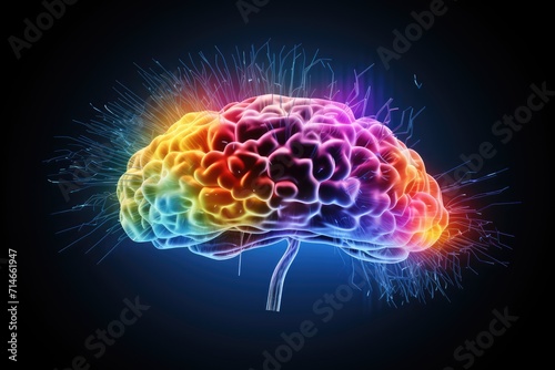 Colourful human brain cognitive Power  3D Rendered illustrative ai artwork  thoughtful motley brain plasticity and brain waves in color dust  thoughtful neural circuit at brain training and learning