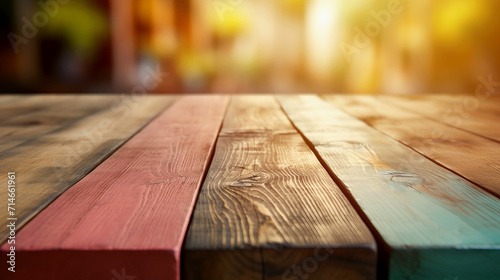 Wooden table in front of abstract blurred background of cafe or restaurant