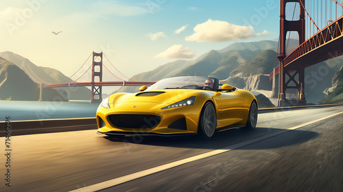 An image of a yellow convertible car racing on a coastal highway.