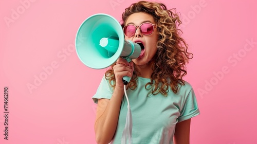 Exultant happy vivid young curly latin woman 20s wear mint t-shirt sunglasses hold scream in megaphone announces discounts sale Hurry up isolated on plain pastel light pink background studio portrait photo