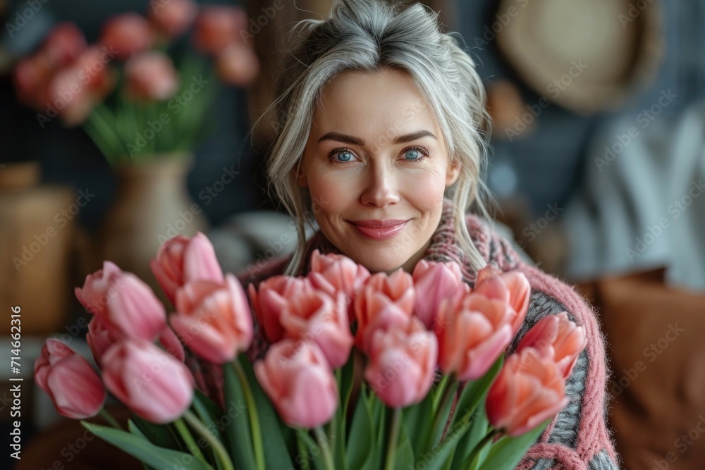 A charming and elegant mature woman smiles, holding a tulip bouquet outdoors in spring. A charming and elegant mature woman smiles, holding a tulip bouquet outdoors in spring.
