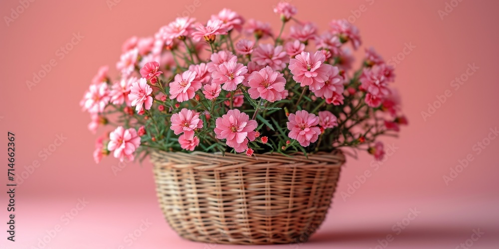 A fluffy bunch of blossoming flowers in a charming wicker basket arrangement.