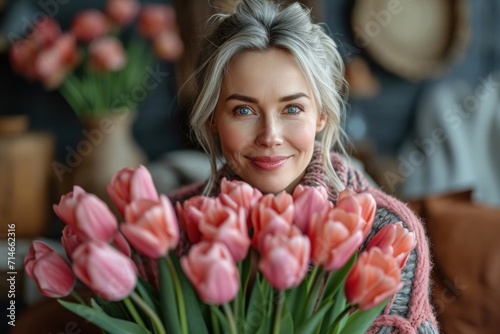A charming and elegant mature woman smiles, holding a tulip bouquet outdoors in spring.