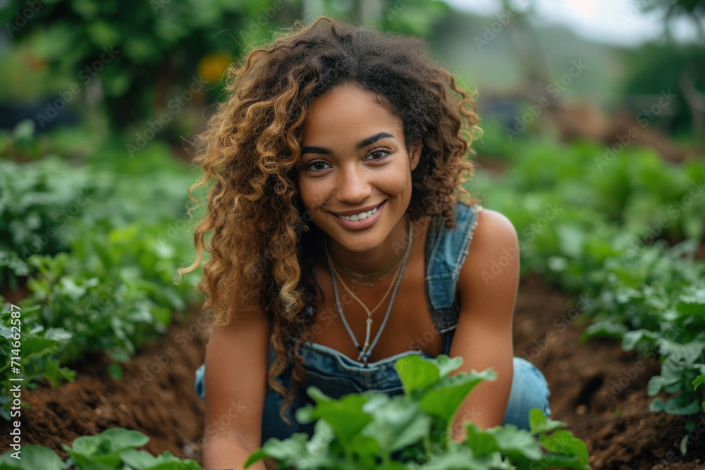 A cheerful, attractive black woman, happily gardening with gloves, cultivating organic vegetables for sustainability. A cheerful, attractive black woman, happily gardening with gloves, cultivating organic vegetables for sustainability.