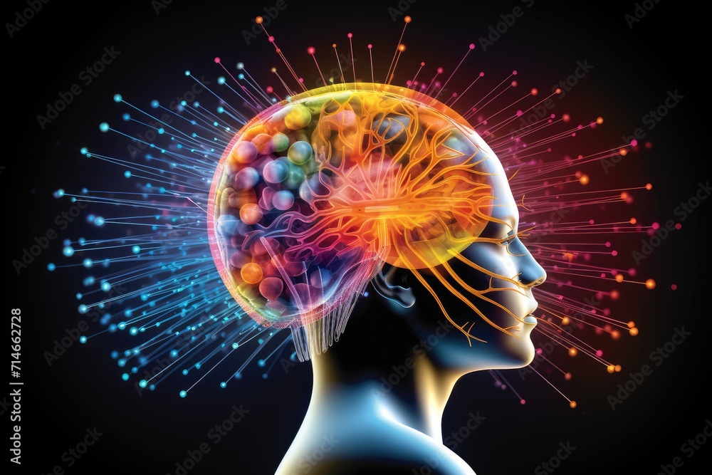 Colorful 3d scientific brain stimuli, neurovascular neuronal network. Neurotropic neurons neural processes and neural correlates consciousness. Neurooncology, neurophotonic neurolinguistics