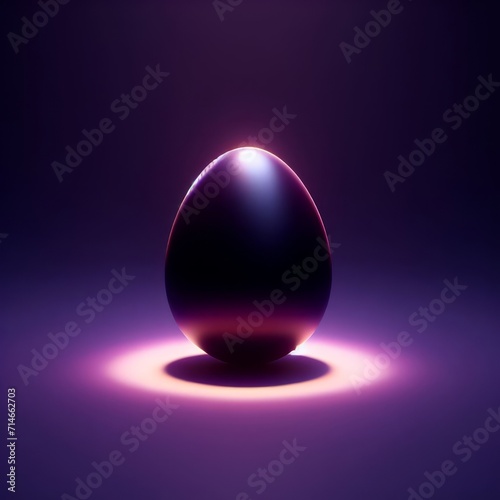 Dark purple luminous Easter egg isolated on a dark purple background. Easter holiday concept in minimalism style. Fashion monochromatic composition. Web banner with copy space for design.