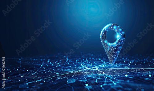 Gps, location sign in futuristic abstract style on blue background. Gps navigator pin. Map pointer sign. Route navigator. Polygon vector wireframe concept. Low poly