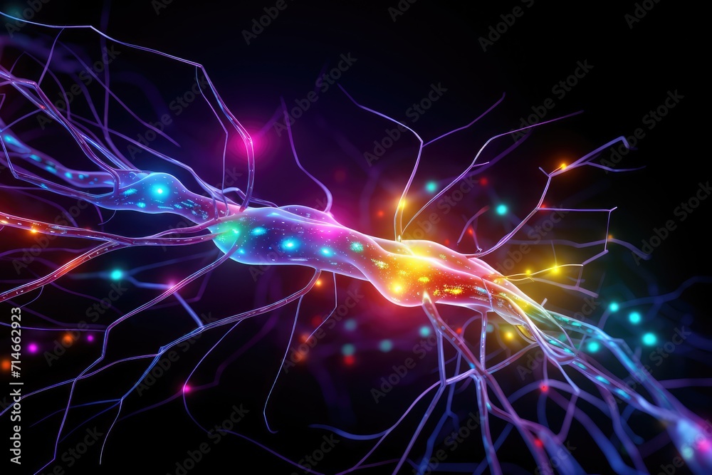 Colorful 3d scientific brain stimuli, neurovascular neuronal network. Neurotropic neurons neural processes and neural correlates consciousness. Neurooncology, neurophotonic neurolinguistics