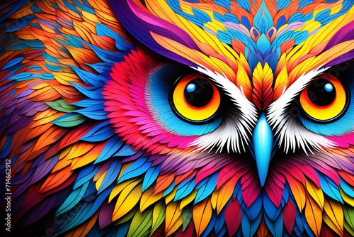 Whimsical owl mandala: Spiraling psychedelic patterns merge with nature's wisdom, creating vibrant and surreal abstraction in this captivating artwork.