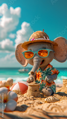 an elephant dressed in a Hawaiian shirt, beach shorts, hat, sunglasses is building a sand castle on the beach on a clear sunny day, with a blue sky, and a turquoise sea nearby, smiles, summer tones, b