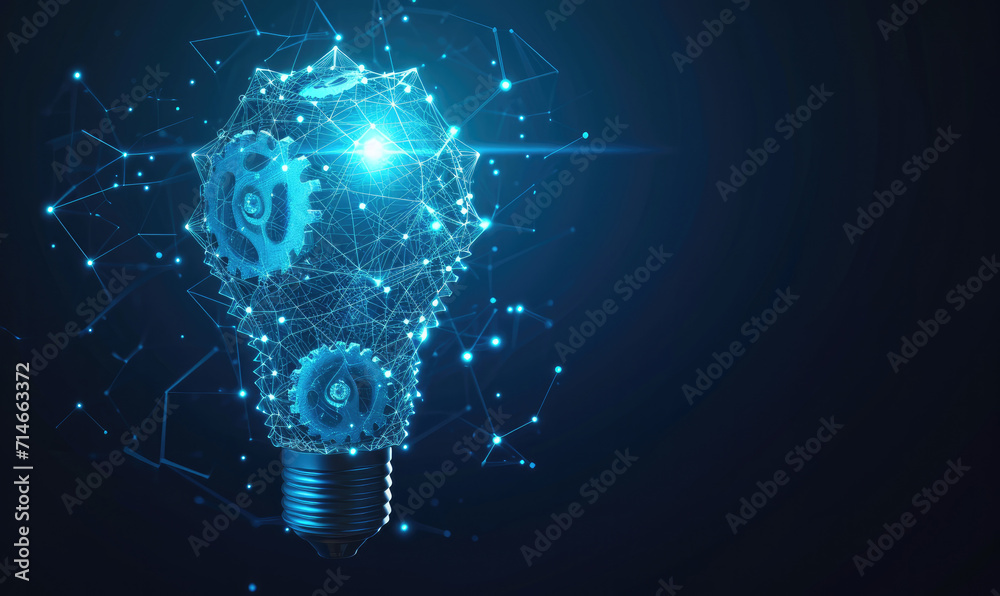 Abstract blue glowing light bulb with gears inside. Machine learning and AI concept Low poly style design. Abstract geometric background. Wireframe light connection structure - obrazy, fototapety, plakaty 