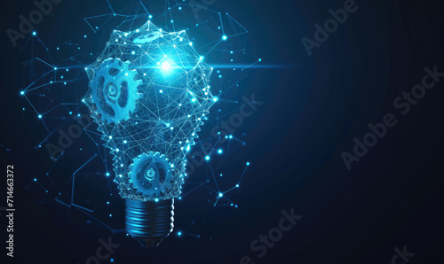Abstract blue glowing light bulb with gears inside. Machine learning and AI concept Low poly style design. Abstract geometric background. Wireframe light connection structure photo