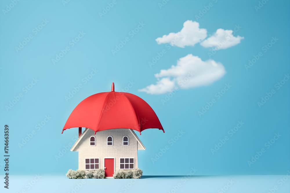 Red umbrella protecting house model and cloud on blue sky. House insurance concept.