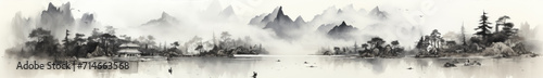 Fényképezés Black ink paint of lake and mountains