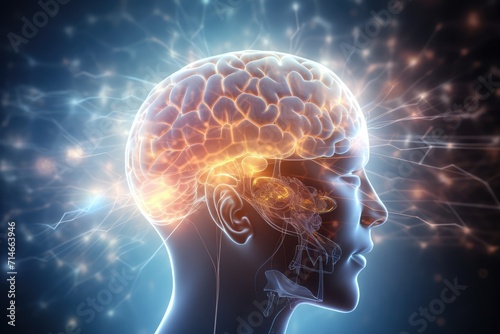 Brain, gentle light, positive energy, calming serenity, mental clarity during sleep. Sleep cycle, quality, duration are vital for combating insomnia, various sleep disorders, overall axon well-being photo