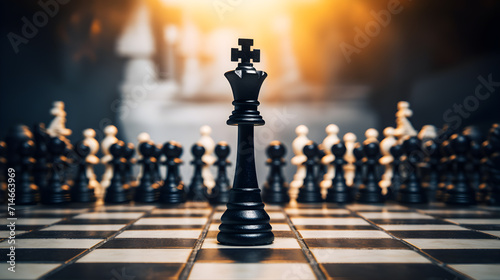 Chess board with chess pieces and black chess king stand on chessboard among pawns. Organization management or leadership concept.