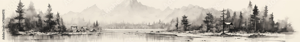 Black ink paint of lake and mountains. Oriental minimalistic Japanese illustrative style. copyspace for your text. Black ink paint of lake and mountains. Oriental minimalistic Japanese illustrative style. copyspace for your text.