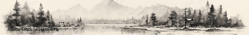 Black ink paint of lake and mountains. Oriental  minimalistic Japanese illustrative style. copyspace for your text. © Sabrewolf