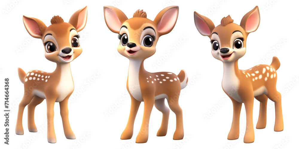 Fototapeta premium Cute deer 3D funny character cartoon with transparent background.