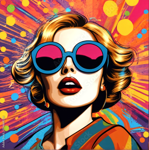 Popart retro style with vivid colorful background and a gorgeous brunette young woman. generative ai
