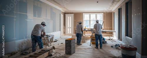Construction workers paint walls and install ceiling.