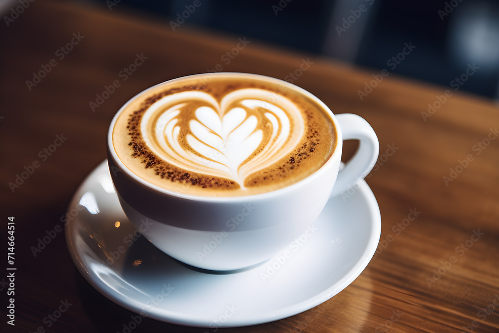 Close up latte art coffee with heart shape in white cup on wooden table for holiday relax time and valentine's day concept. Close up latte art coffee with heart shape in white cup on wooden table for holiday relax time and valentine's day concept.