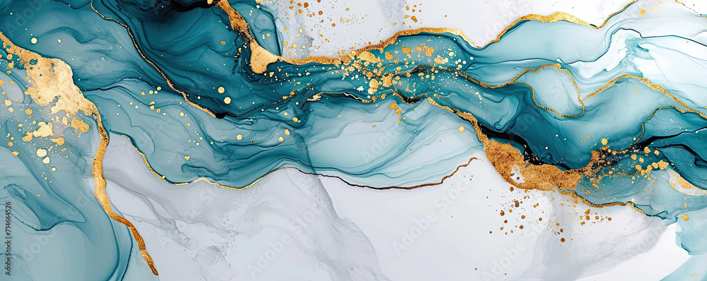 Abstract marble background, white, gray and turquoise agate texture with thin gold veins. - obrazy, fototapety, plakaty 