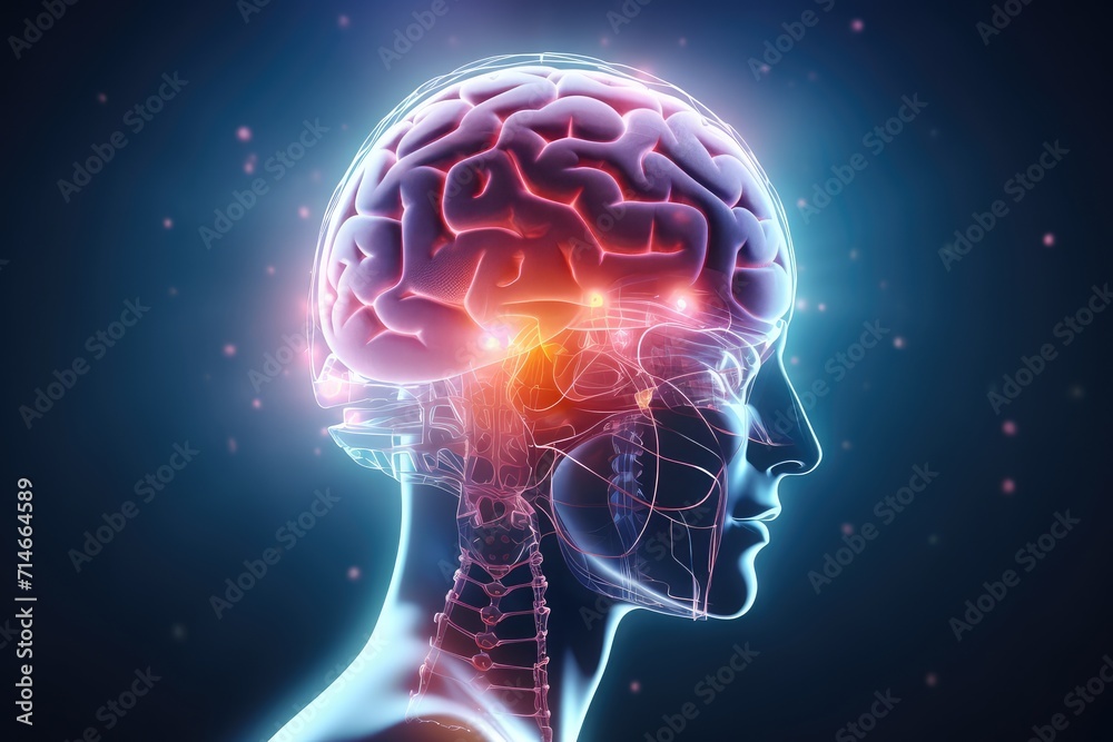 Obraz premium Brain in sleep, adorned neon lights,mantras and Chakra visualizations. Embracing silence and peaceful breath,haven for inner peace and stress reduction, creating a serene and tranquil sanctuary.