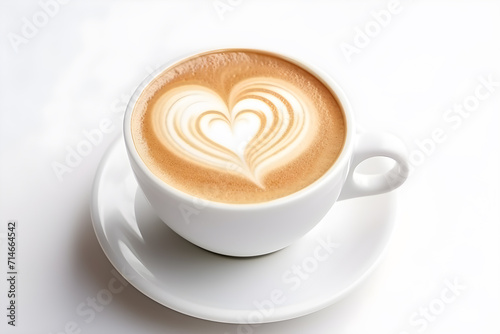 Close up latte art coffee with heart shape in white cup on white table for holiday relax time and valentine's day concept.