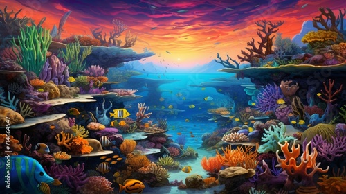 A coral reef teeming with vibrant marine life  a colorful underwater world with fish  corals  and seascapes  highlighting the ocean s biodiversity.  - Generative AI