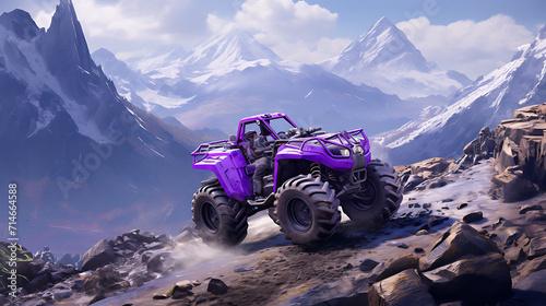 A purple ATV tackling a rocky mountain trail.