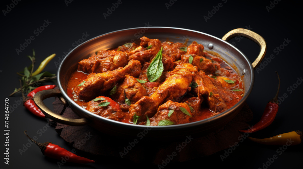 A bowl of spicy and flavorful chicken vindaloo, a popular dish in Indian cuisine A bowl of spicy and flavorful chicken vindaloo, a popular dish in Indian cuisine