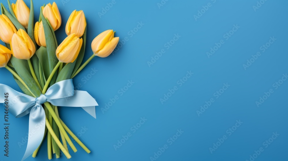 Yellow tulips wrapped in a blue bow on a blue background. Mother's Day, Happy Women's Day, Easter, Valentine's Day, and Birthday ideas Yellow tulips wrapped in a blue bow on a blue background. Mother's Day, Happy Women's Day, Easter, Valentine's Day, and Birthday ideas